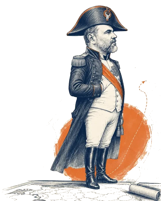 Karykatura stratega w pozie napoleońskiej — parodia