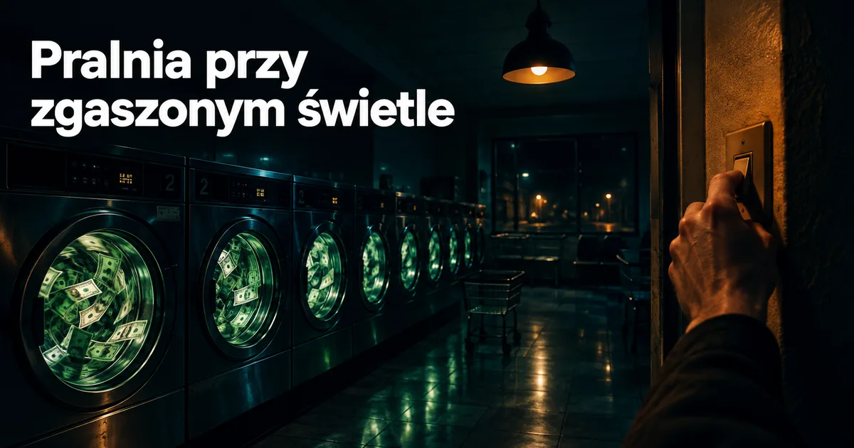 Pralnia nocą, w bębnach pralek wirują banknoty, czyjaś ręka gasi światło.