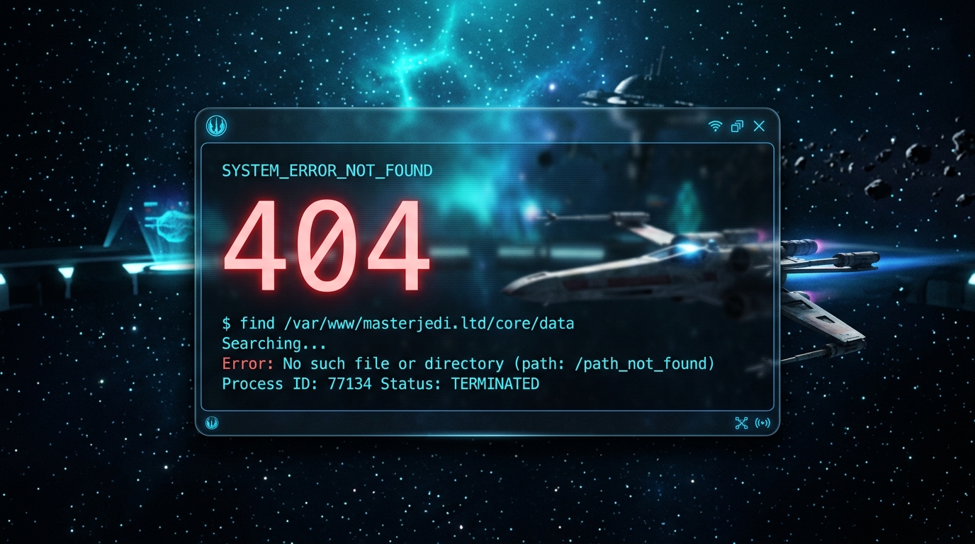 Ciemne okno konsoli błędu 404 w stylu Jedi Command Center z przelatującą rozmytą sylwetką myśliwca X-Wing w tle
