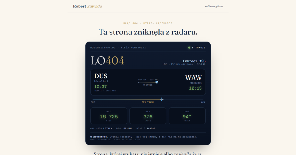 Strona 404 robertzawada.pl — panel lotu LO404 śledzący lot na żywo