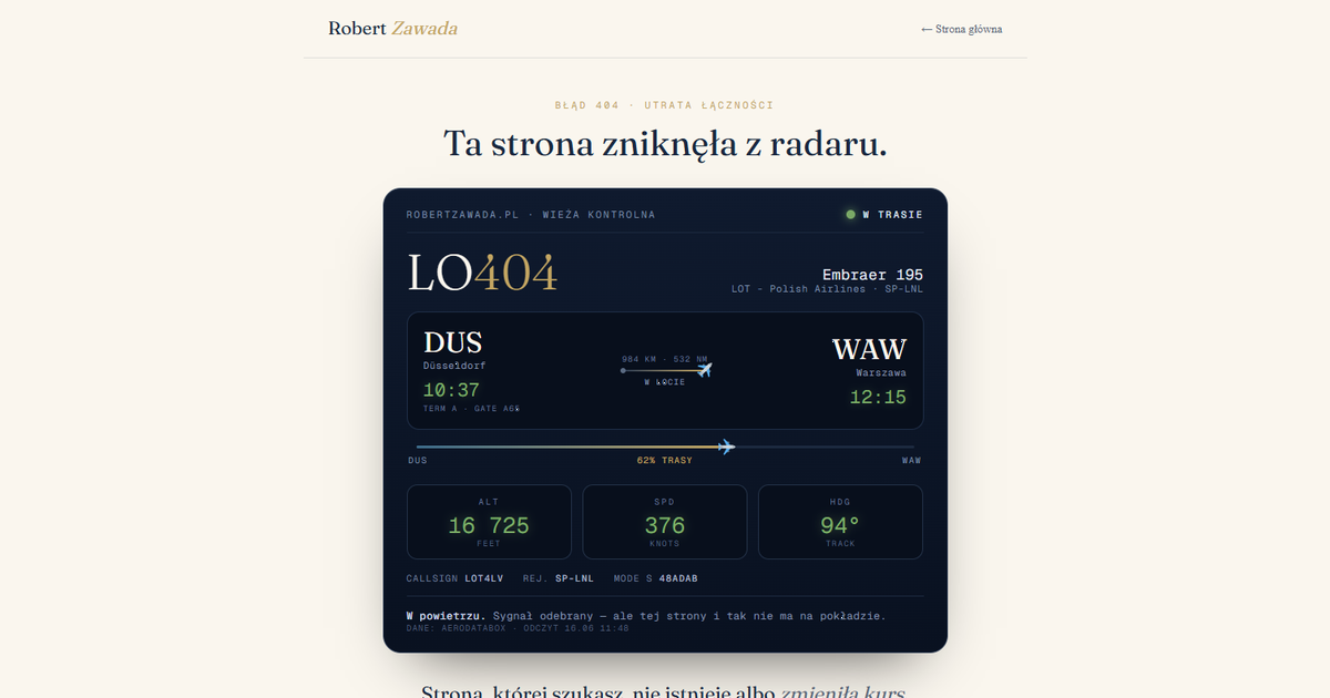 Strona 404 robertzawada.pl — panel lotu LO404 śledzący lot na żywo