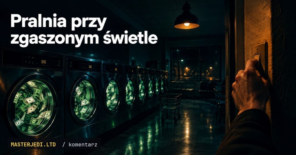 Pralnia nocą, w bębnach pralek banknoty, czyjaś ręka gasi światło.