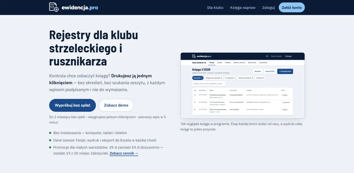 ewidencja.pro — rejestry i książka pobytu dla klubu strzeleckiego