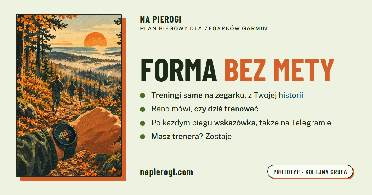 Na Pierogi — asystent biegowy: plan na zegarku, strona po biegu, ostrzeżenia.